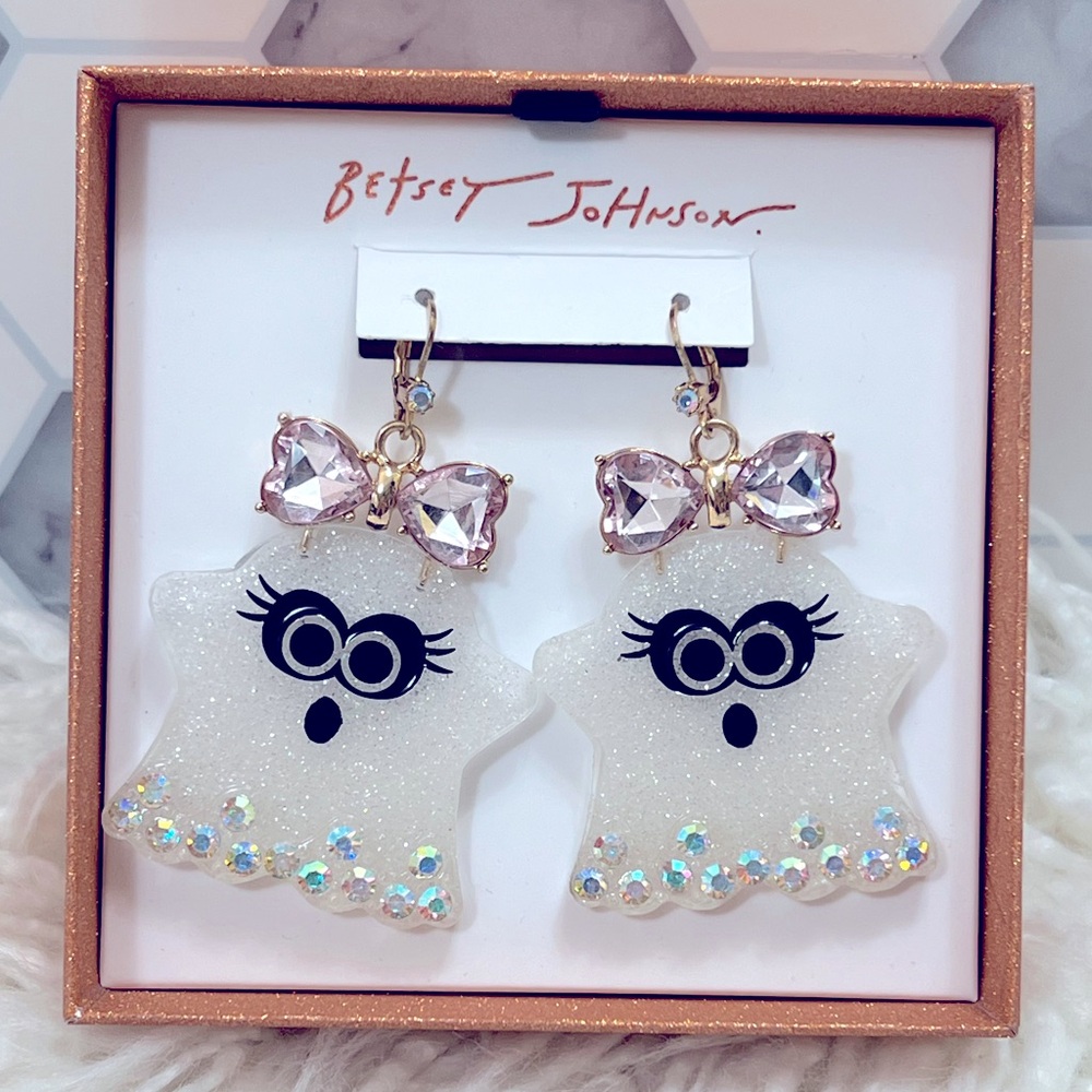 Betsey Johnson White Glitter Ghost Earrings with Pink Bow Accents